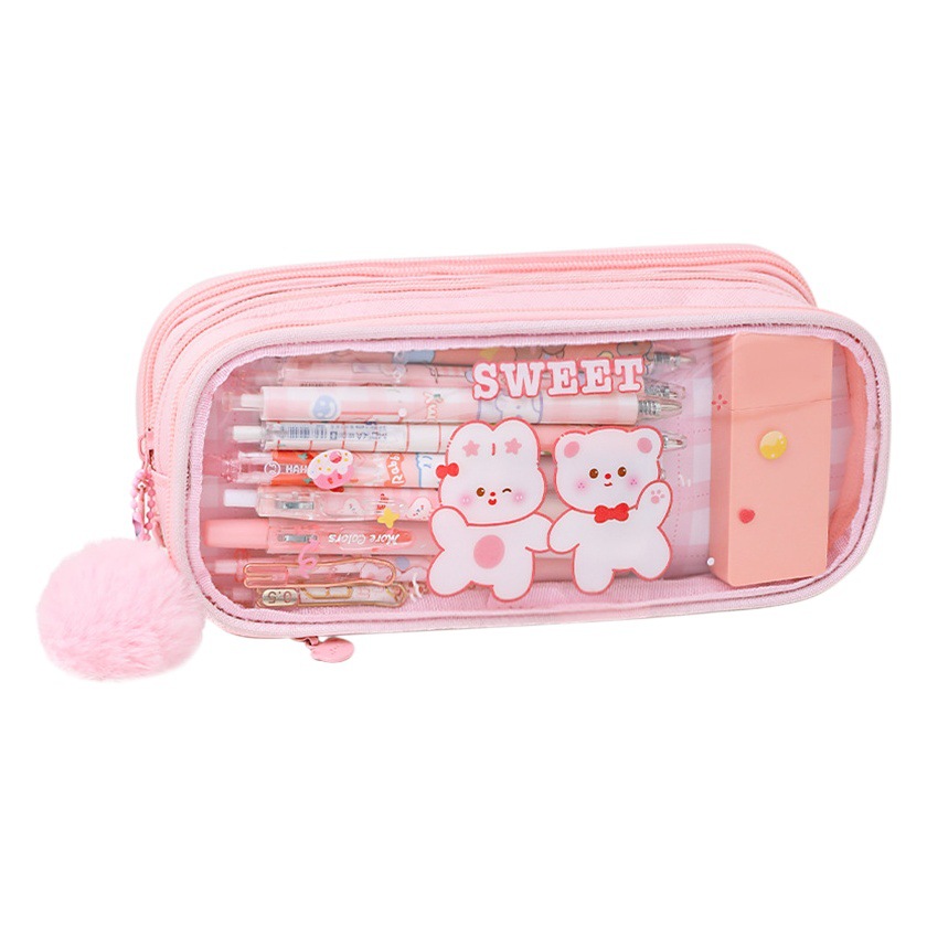 Lindo creativo Bola de piel caja de lápiz estudiante de secundaria de gran capacidad papelería bolsa de papelería de tres capas bolsa de almacenamiento de chica de alto aspecto
