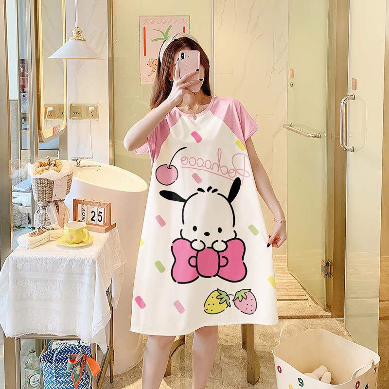 文化裙睡裙女夏季中长款孕妇大码薄款圆领套头卡通学生家居服睡衣