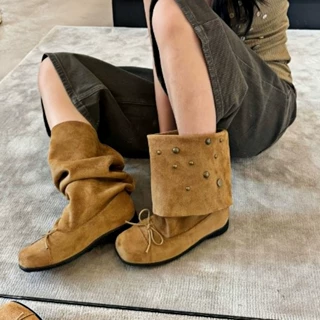 韩版短靴女复古甜美小众蝴蝶结褶皱堆堆靴时装靴