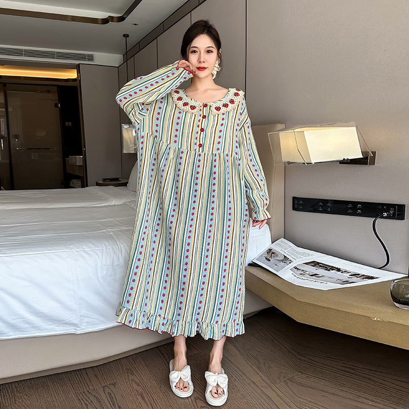 Autumn Slimming Pure Cotton Gauze Fresh Nightgown with Print, Plus Size, Can Be Worn Outside, Women's Loungewear Nightdress