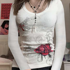 速卖通亚马逊跨境外贸货源 欧美女装印花烫钻长袖T恤