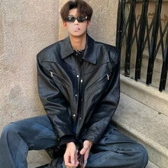 垫肩皮衣外套男2025秋季新款美式痞帅翻领机车夹克翻领机车服上衣