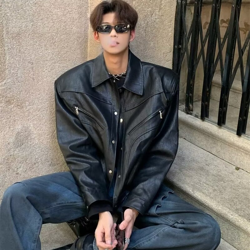 垫肩皮衣外套男2025秋季新款美式痞帅翻领机车夹克翻领机车服上衣|undefined