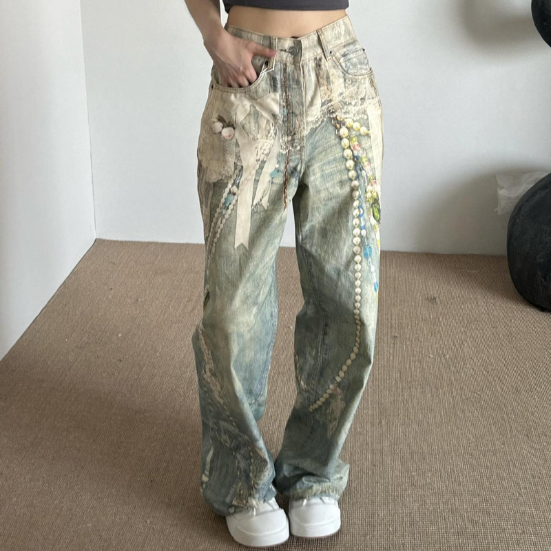 高版本AC25新款3D打印蕾丝珍珠链条直筒宽松高腰牛仔长裤男女|undefined