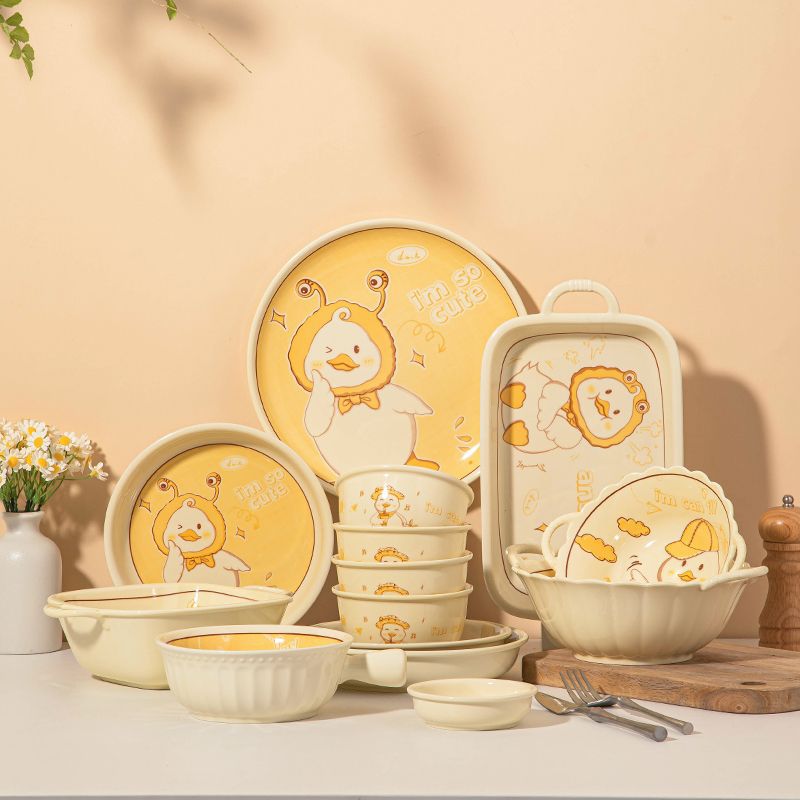 Cute Duck Tableware Set for Home Use Ceramic Dishes and Utensils, Internet Famous High-End Ceramic Plates and Bowls, Complete Set of Plates, Bowls, and Spoons