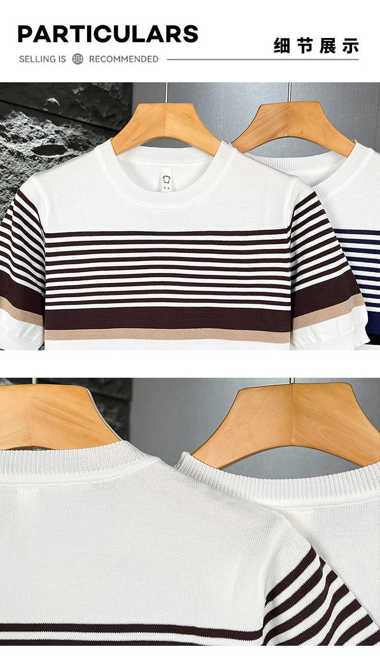 Herren Slim Fit Strickpullover Gestreift Business Kurzarm Shirt_voghion.com