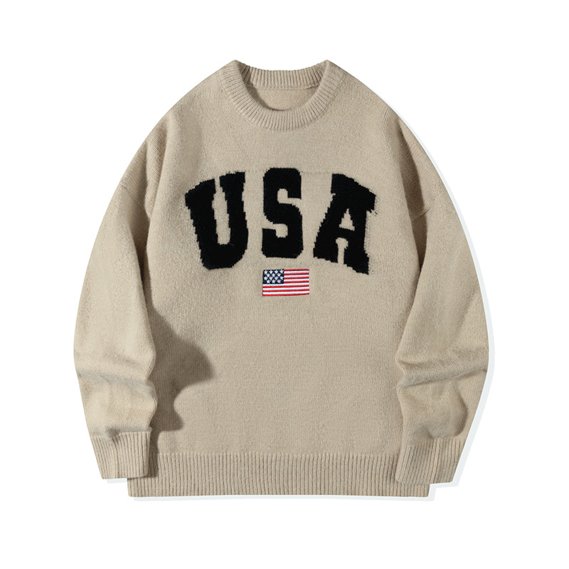 André.| Suéter de letras retro americano para hombres y mujeres otoño y invierno pareja alta versátil cuello redondo camiseta de manga larga