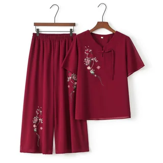 中年妈妈夏装洋气套装2024新款50岁中老年女装夏季短袖雪纺两件套