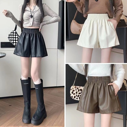 Women's High-Waisted Wide Leg Casual Shorts Autumn/Winter A-Line Wide Leg Pants Loose PU Outerwear Boot Pants Trendy