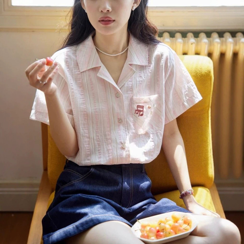 Flowers Lol French-Style Cuban Collar Embroidered Short-Sleeve Striped Shirt for Women, New Summer Thin Top