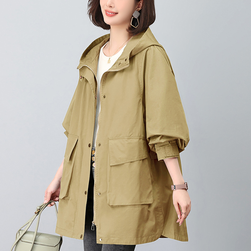 风衣外套女中长款2024新款春装连帽妈妈宽松休闲时尚减龄纯棉上衣