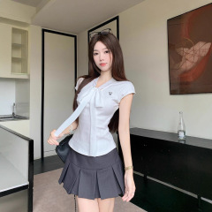 蝴蝶结白色上衣正肩V领短袖t恤女夏季日韩系独特显瘦海军领设计感