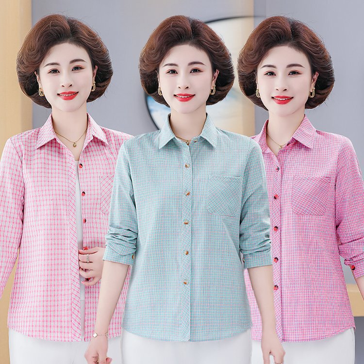Mom Spring and Autumn Casual Plaid Shirt Middle-aged and Elderly Women's plus size Cardigan 2025 Summer Thin Long Sleeve Shirt