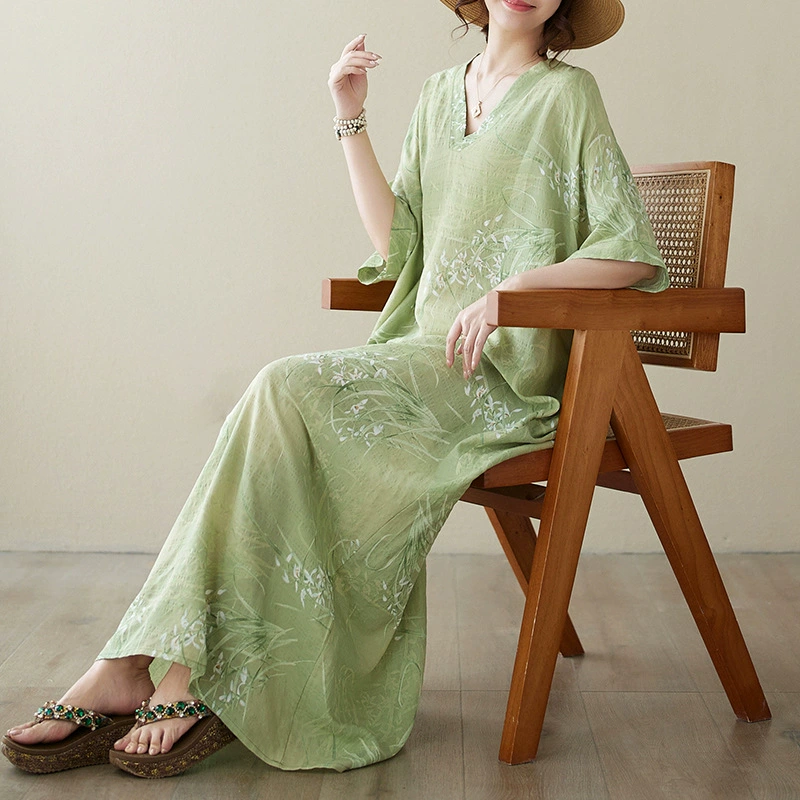 Summer retro long beach dress, V-neckline, cotton and linen, plus size