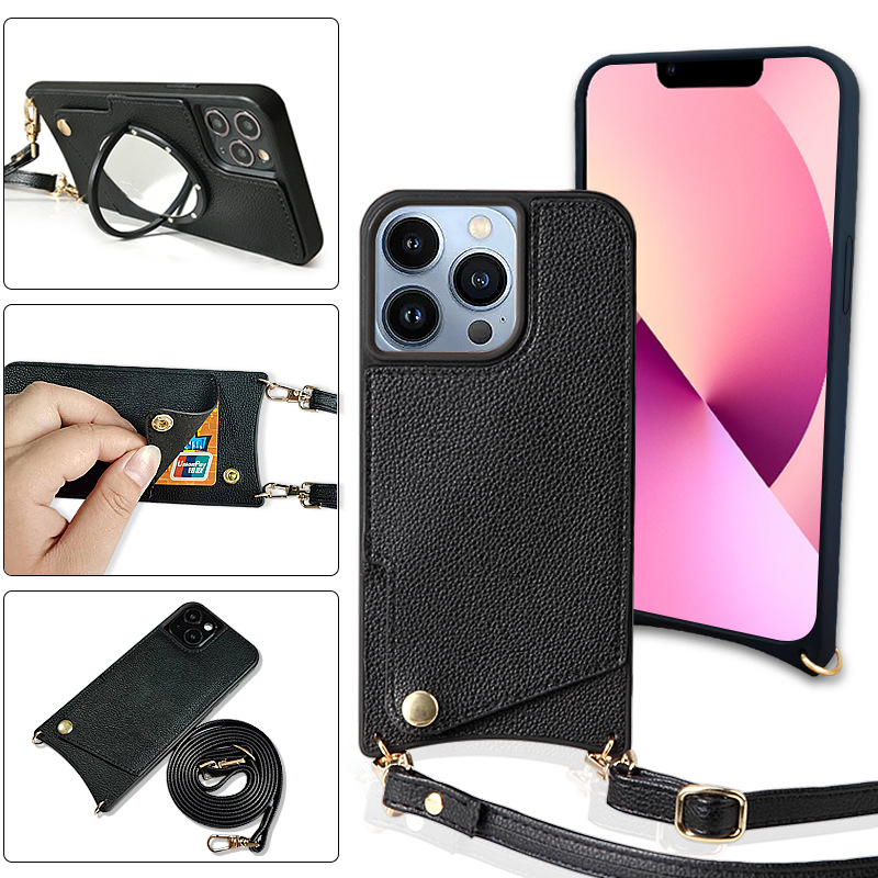 En stock al por mayor aplicable para Apple 15PROMAX fishtail Tarjeta de inserción de teléfono caso crossbody cordón resistente a la caída teléfono Funda de cuero