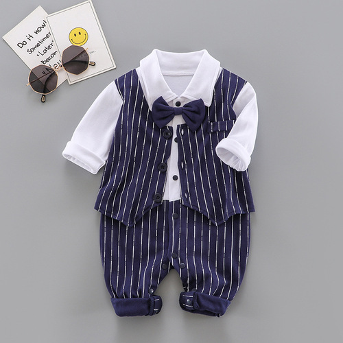 Baby Long Sleeve Bodysuit Full Moon Dress Korean Version Spring and Autumn Newborn Baby Hat Gentleman's Style Male Baby Sleepwear Children's Clothing Crawling Suit