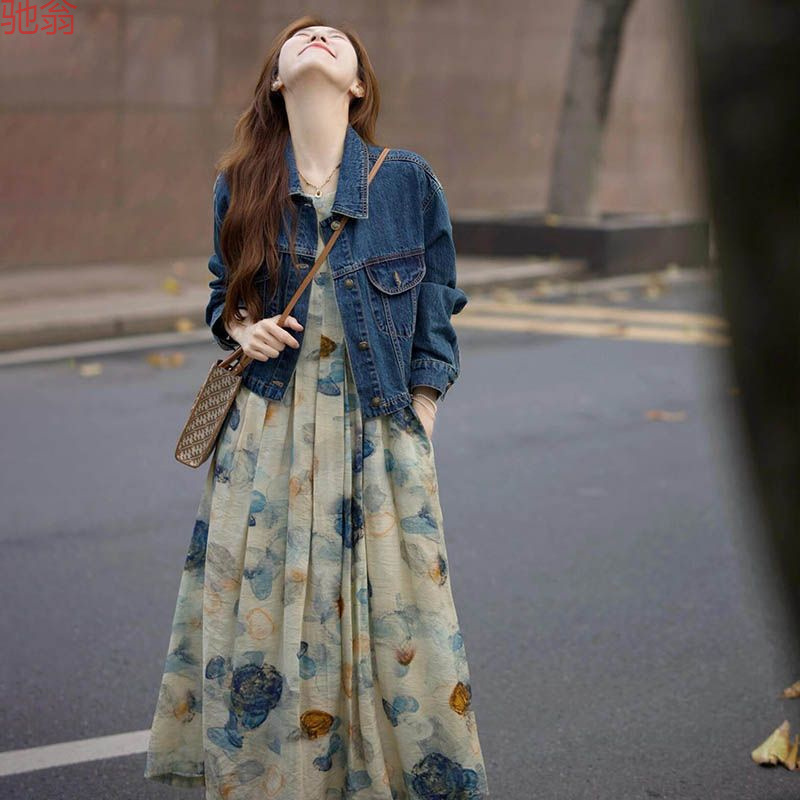 Y9Z Chinese-Style Artistic Temperament Ink Painting Vest Dress + Retro Blue Denim Jacket Two-Piece Set