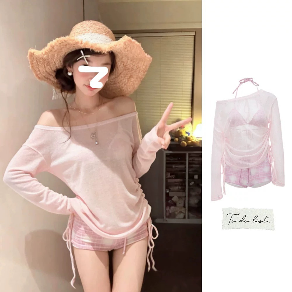 Korean New Style Pure and Cute Girl-Style Plaid Bikini That Covers the Body and Makes You Look Slimmer, with a Flat-Angle Design for Hot Springs
