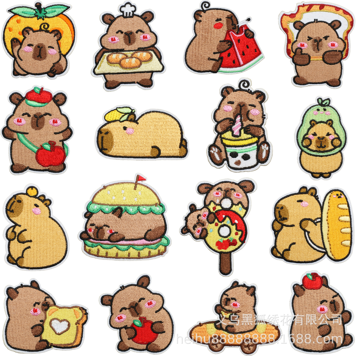 黑狐新款食物卡皮巴拉主题刺绣布贴汉堡巴拉绣花标包包装饰补丁贴