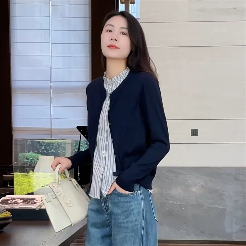 盐系轻熟两件套装秋季新款女款条纹无袖背心搭配开衫圆领针织罩衫|undefined