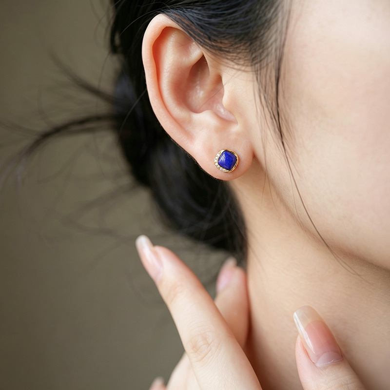 Bông tai bạc S925 đính đá lapis lazuli hình vuông phong cách — Xanh lapis lazuli