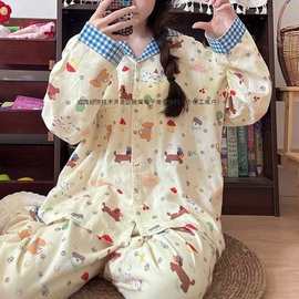 官图春秋季新款狗狗派对云朵棉睡衣女韩版可爱少女卡通家居服套装
