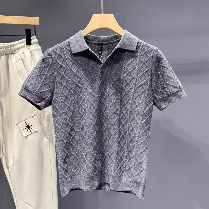 Camisa POLO cuello en V manga corta hombre textura en forma de diamante sentido negocio británico delgado verano hielo seda marea comercio exterior transfronterizo al por mayor