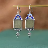 Серебряные серьги Qiaojiang Linggong S925, винтажные в национальном стиле, горящие синие благоприятные облака, инкрустированные двойным счастьем, женские серьги из нефрита Hetian, серебряные украшения