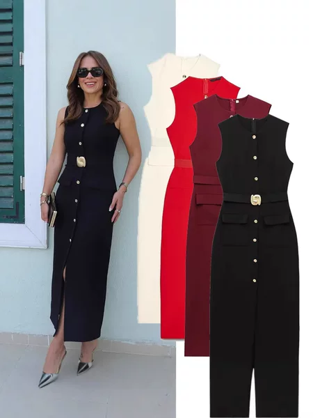 Cross-Border Women's American Round Neck Spring New European and American Style Sexy Sleeveless Midi Dress with Belt