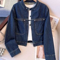 深蓝色丹宁圆领牛仔外套女短款2025年开春夏季新款拉链开衫薄夹克