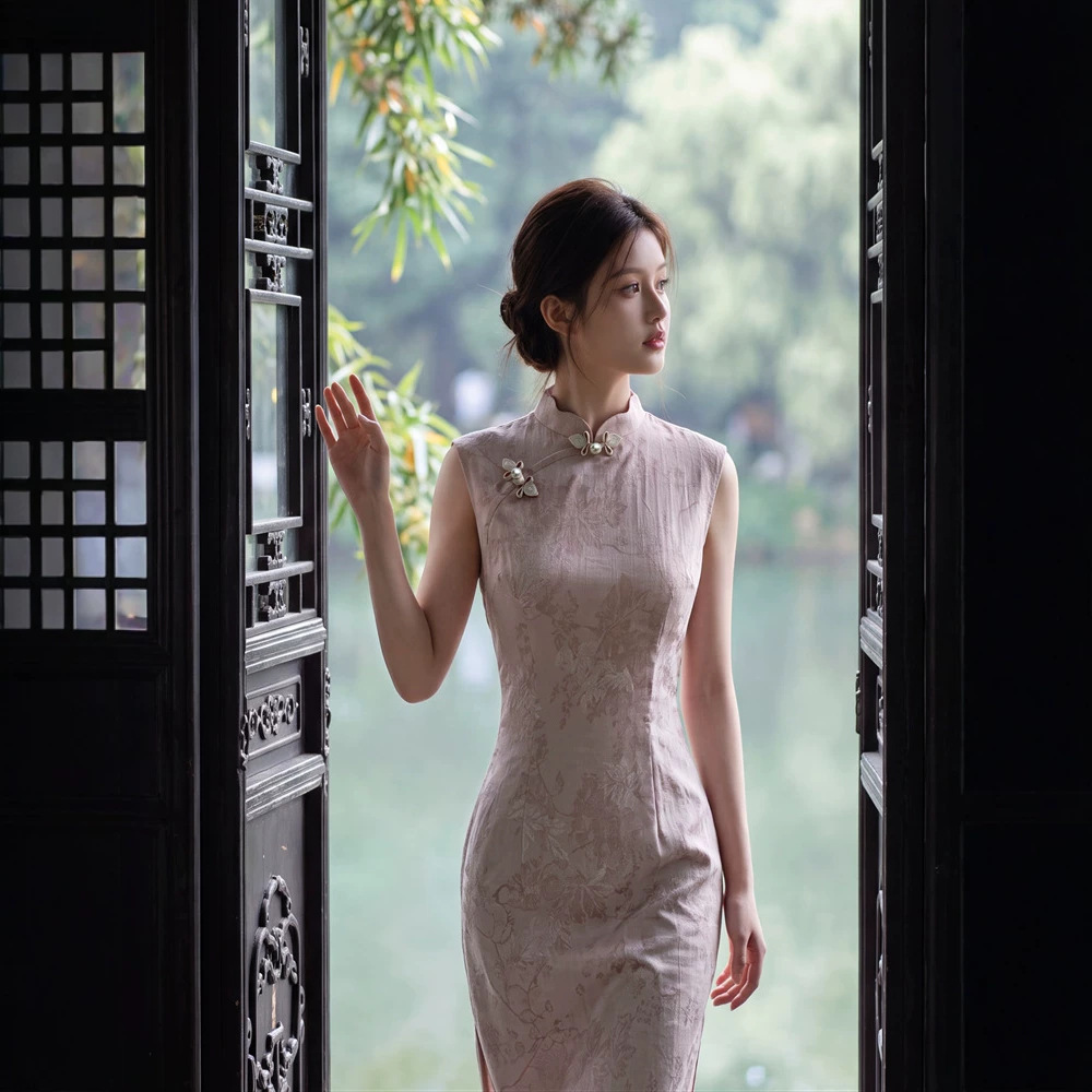 贝之韵粉色竹节麻印花夏长款旗袍女2026夏新款少女无袖年轻款