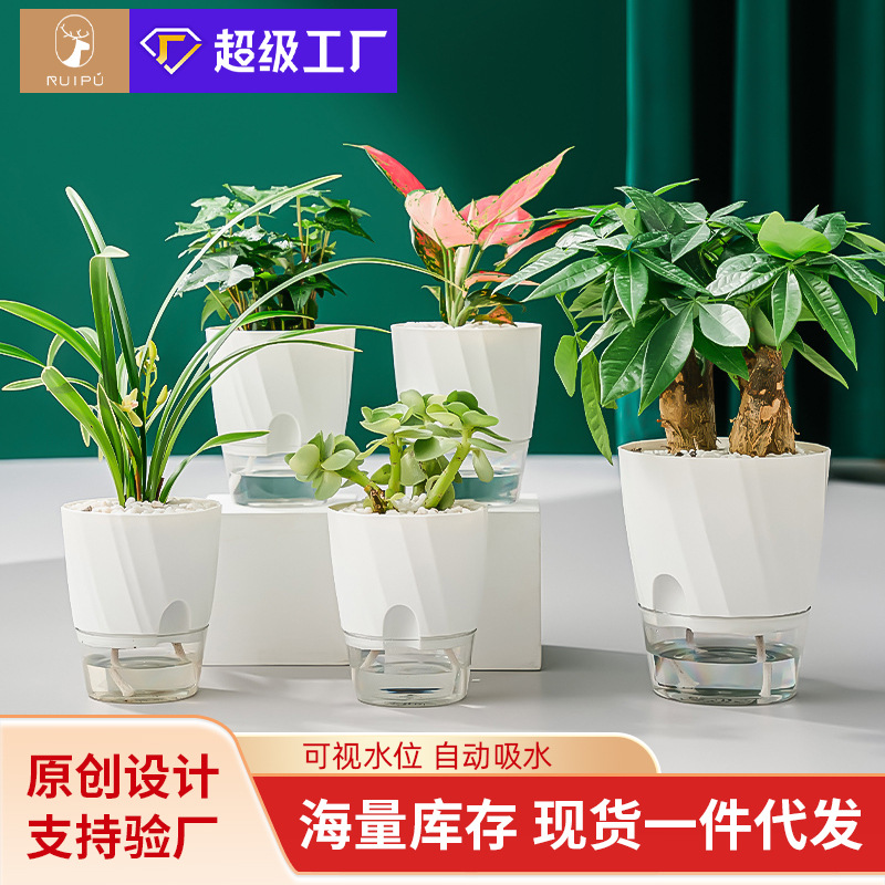 懒人专用绿萝植物自动吸水花盆设计感透明可视水养加厚塑料盆容器