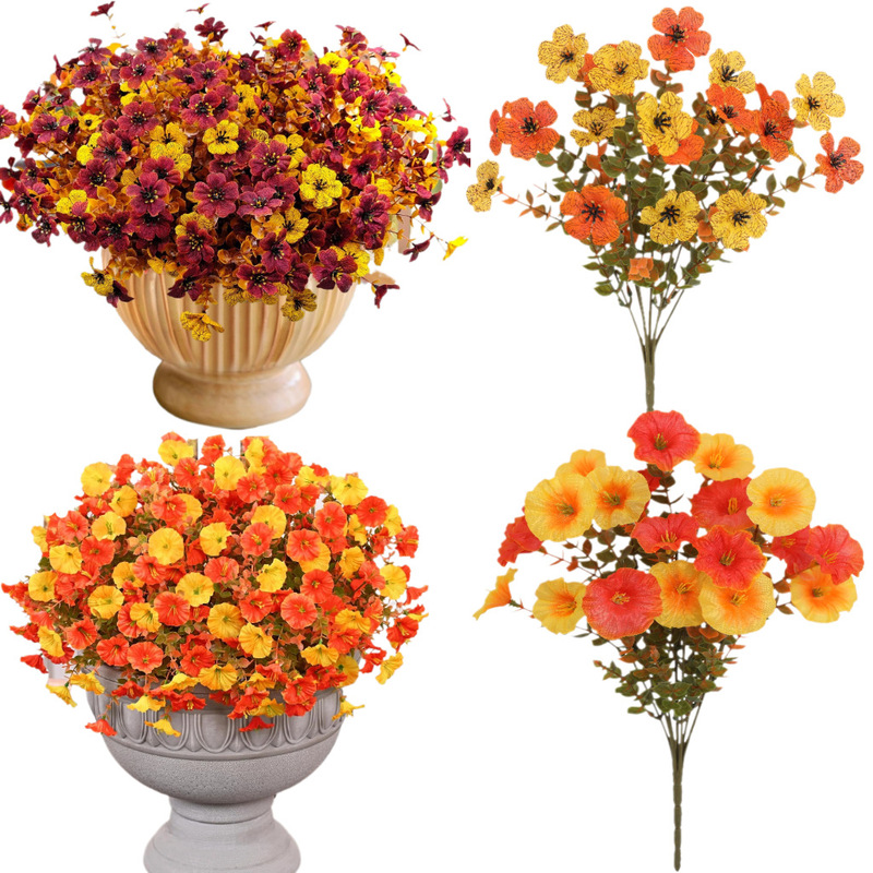 Cross-Border Hot Selling Autumn Artificial Flowers Eucalyptus Violet Morning Glory Outdoor Courtyard Garden Decoration Artificial Flowers Wholesale