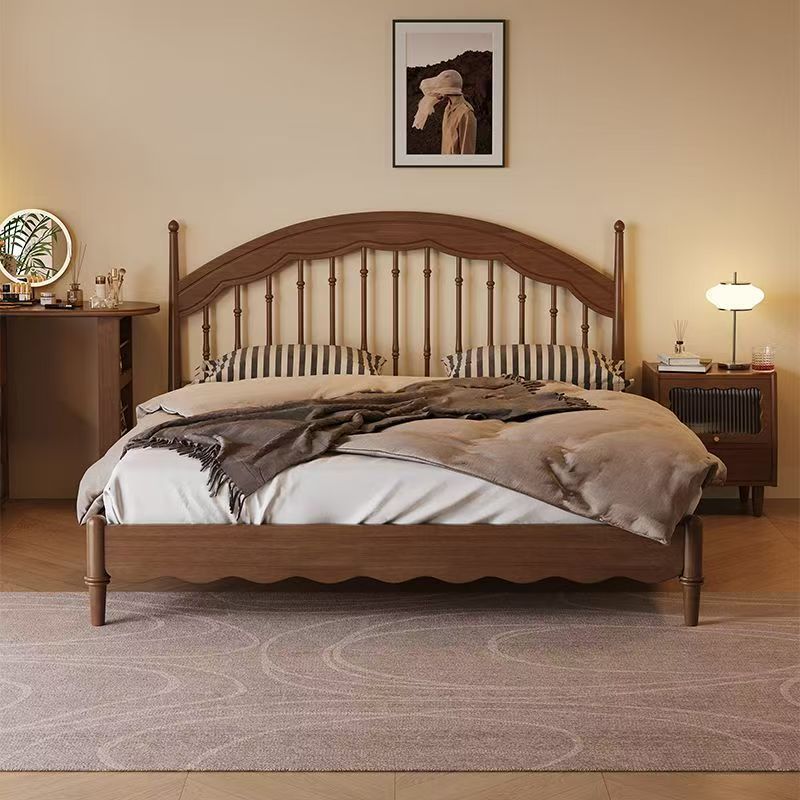 Medieval Style Solid Wood Windsor Bed Master Bedroom American French Retro Double Bed New Chinese Style Walnut Color Harp Bed
