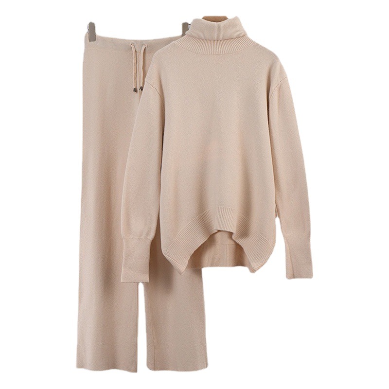 Conjunto de dos piezas de punto de cuello alto de color liso y pantalón de pierna ancha, estilo europeo y americano, invierno 2025, atuendo versátil de manga larga y corte holgado.