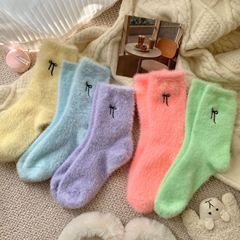 秋冬款彩色蝴蝶结刺绣女袜加绒加厚保暖袜居家地板中筒袜睡眠袜子