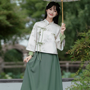 2023 autumn and winter New Chinese retro National style green bamboo printing improved Tang suit cheongsam top Zen tea suit suit
