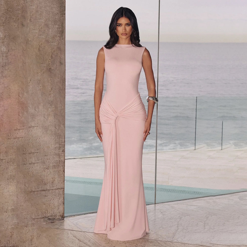 2025 Europa y Estados Unidos transfronterizos otoño nueva moda de color sólido sin mangas vestido de tiras de la mujer es sensible a la exposición de la prensada de la parte trasera de la falda image 3
