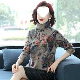 妈妈装2025秋冬新款印花时尚加绒打底衫大码女装高领百搭长袖T恤