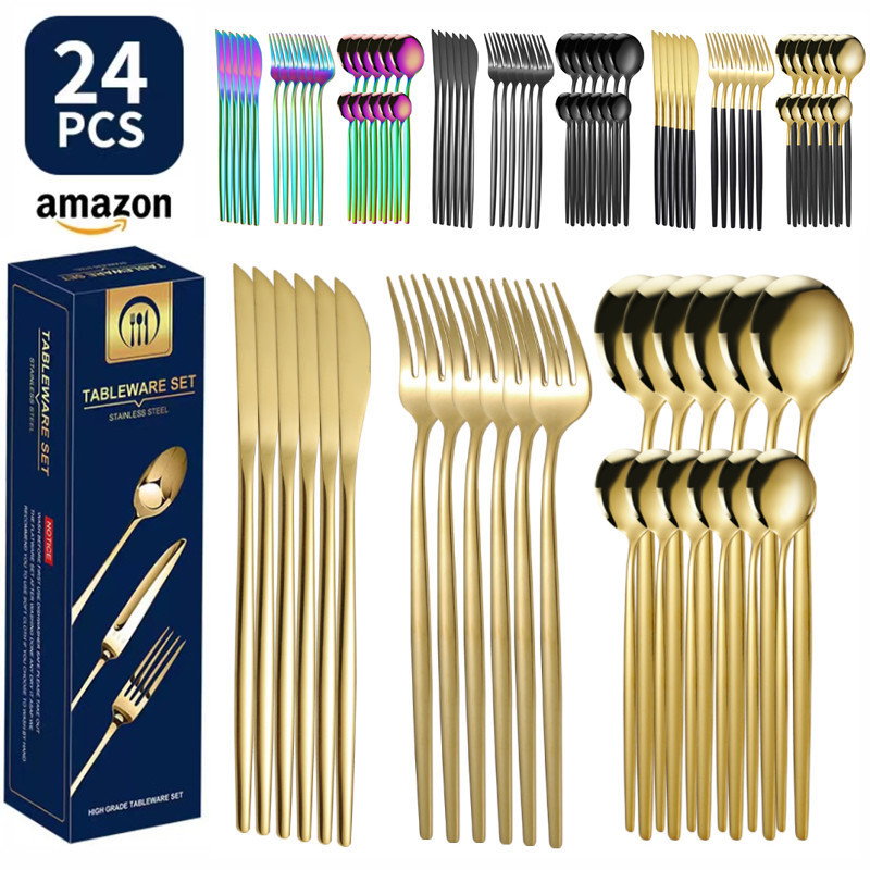 Cross-border Amazon Portugal Stainless Steel Western Tableware Titanium-plated Golden Gift Box Steak Knife, Fork and Spoon 24-piece Set Cross-border Amazon Portugal Stainless Steel Western Tableware Titanium-plated Golden Gift Box Steak Knife, Fork and Spoon 24-piece Set