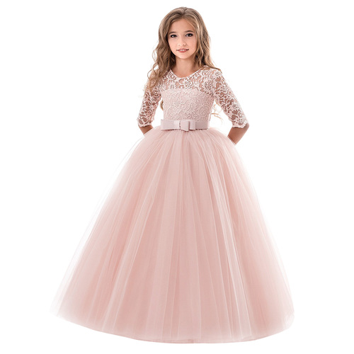 Winter and Spring New Women's Children's Dress Long Sleeve Lace Princess Dress Girl Host Performance Costume European and American Long Dress