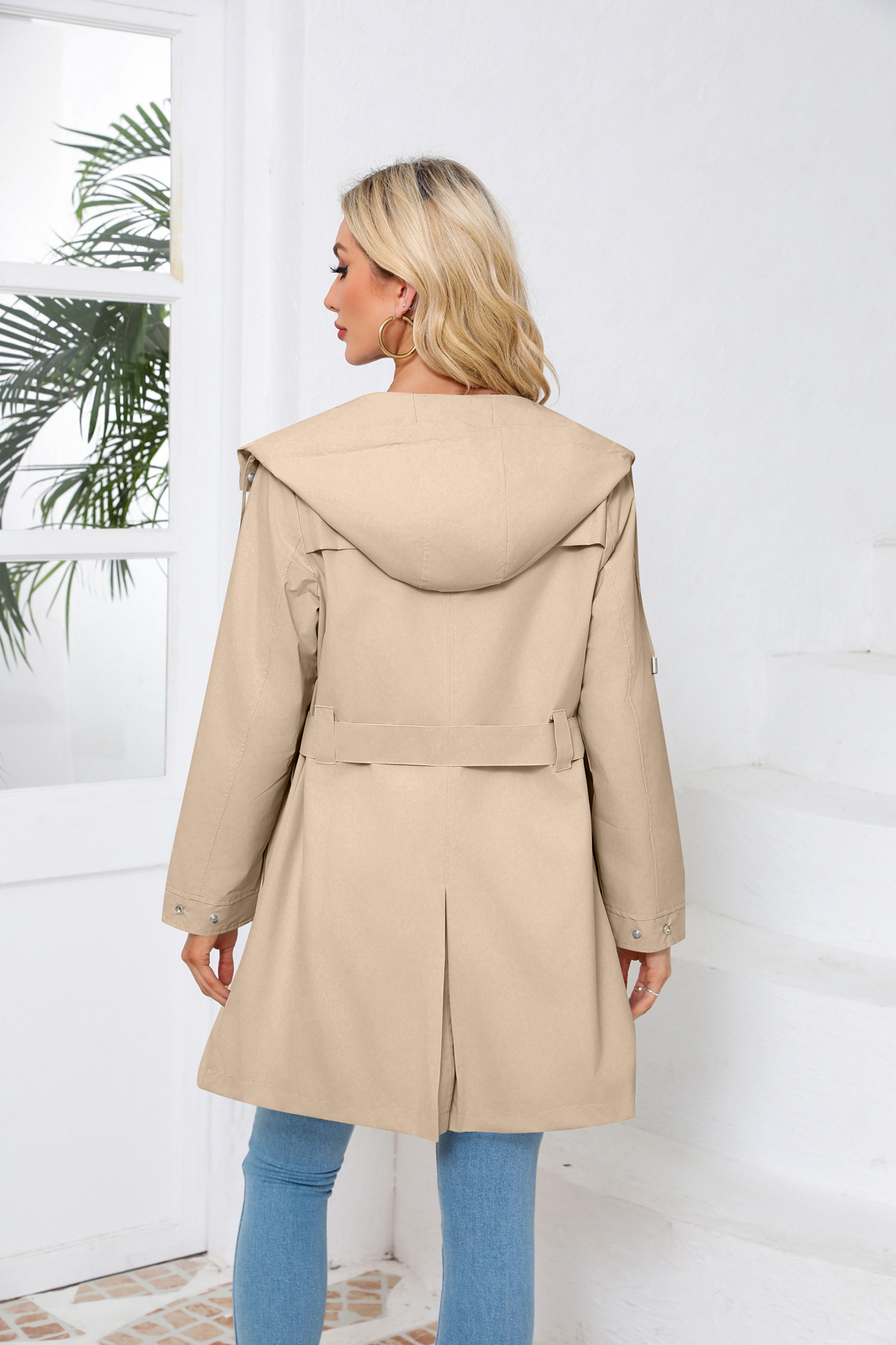 Women's Clothing Spring and Autumn Hooded Water Repellent Jacket with Belt Thin Casual Loose Windbreaker _voghion.com