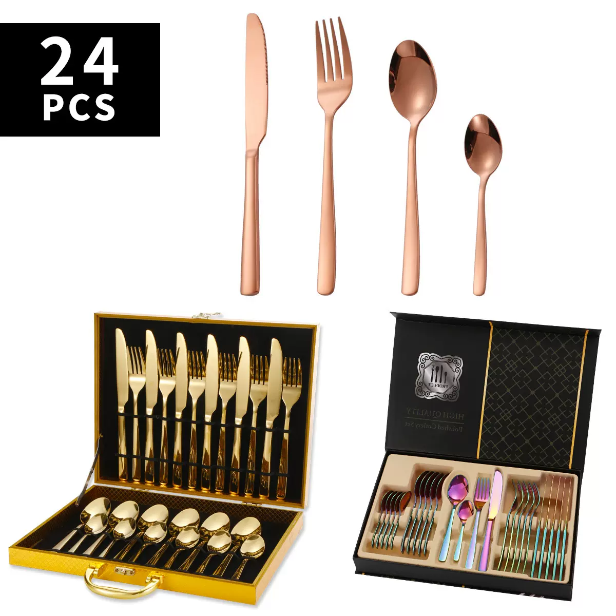 跨境410不锈钢方尾餐具四主件刀叉勺西餐牛排刀叉调羹勺礼盒套装