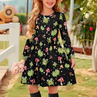 Mushroom Frog Long Sleeve Girls' Dress Dress with Pocket Button A- Line Dress Children's Girl's Skirt Children's Wear Big Children