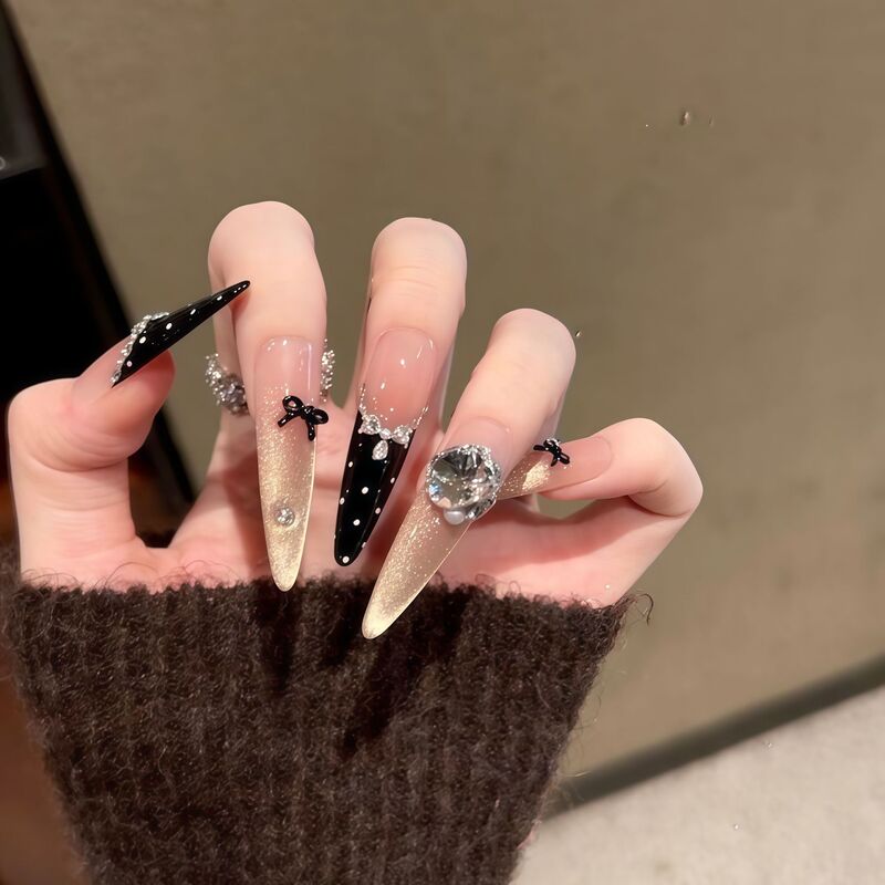 Trendy pre-made press-on nails, finished long style, French polka dot cat eye nail patches, press-on nails wholesale Trendy pre-made press-on nails, finished long style, French polka dot cat eye nail patches, press-on nails wholesale