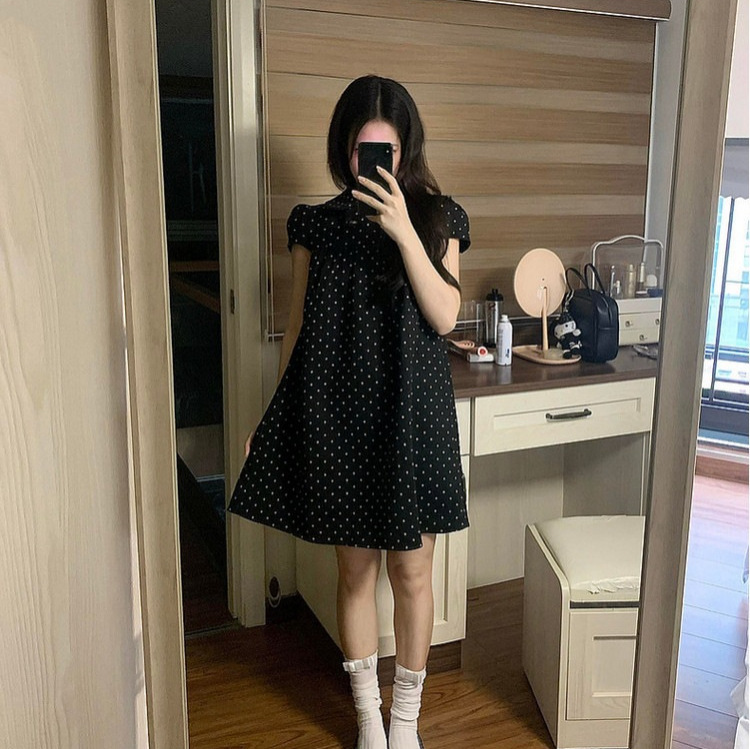 Japanese Retro Black Polka Dot Doll Collar Short-Sleeved Dress for Women Summer New Style High-End Fashion Loose Short Skirt Japanese Retro Black Polka Dot Doll Collar Short-Sleeved Dress for Women Summer New Style High-End Fashion Loose Short Skirt
