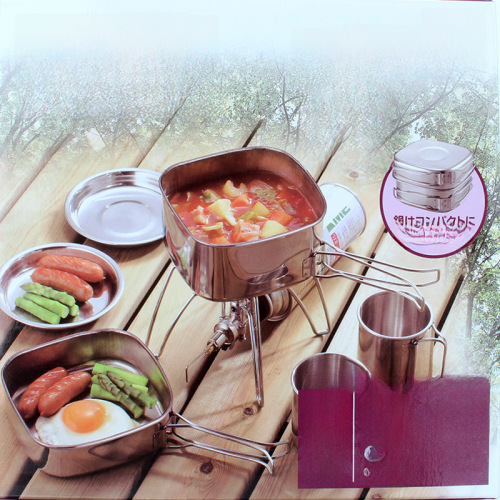 Outdoor 6-Piece Set Tableware Camping Picnic Stainless Steel Cookware, Bowls, Plates, Foldable Pot, Bowl, Cup Set
