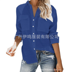 2025欧美外贸亚马逊独立站新品女士口袋纯色纽扣宽松长袖衬衣