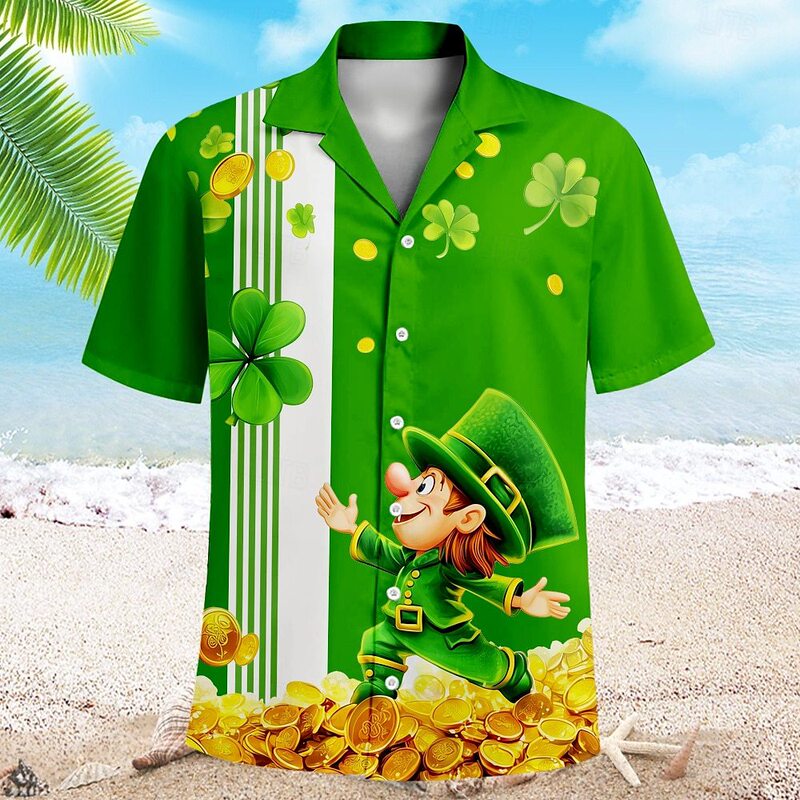 Cross-Border St. Patrick's Day Shirt Men's Clover Printed Lapel Cardigan Factory Direct Sale Starting from One Piece Can Be Customized