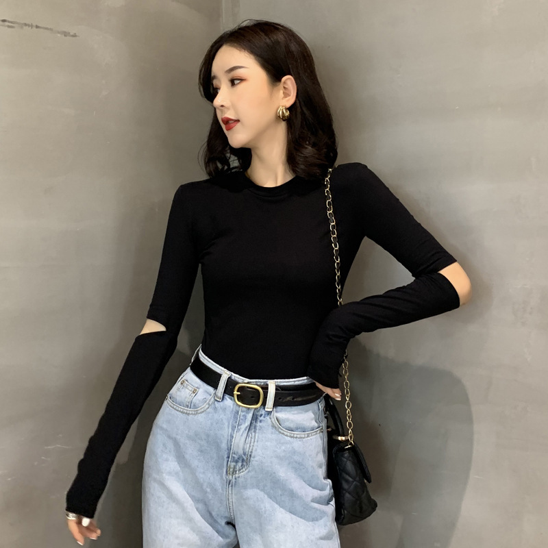 Black Base Shirt for Women, Autumn and Winter, Elbow Hole Sleeve Top, Tight-Fitting Inner Wear, Elbow-Length Long Sleeve T-Shirt, Trendy Design